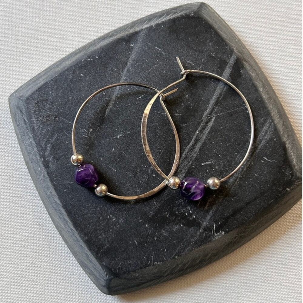 Sterling Amethyst  Hoop Earrings Vintage 90s